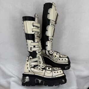 New Rock Reactor White Black Leather Platform Knee High Cyber Goth Boots 38 7.5W